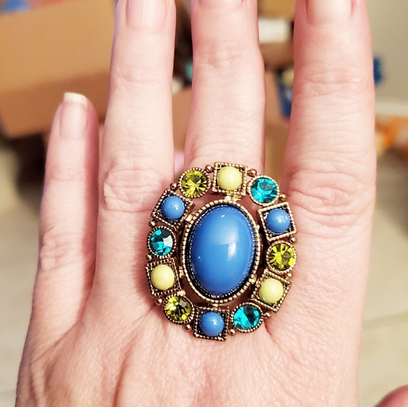 Blues Greens & Gold Circle Square Oval Stretch Fashion Ring - Picture 4 of 4